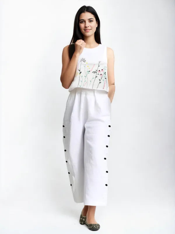 White Cotton Embroidered Top And Pant For Women