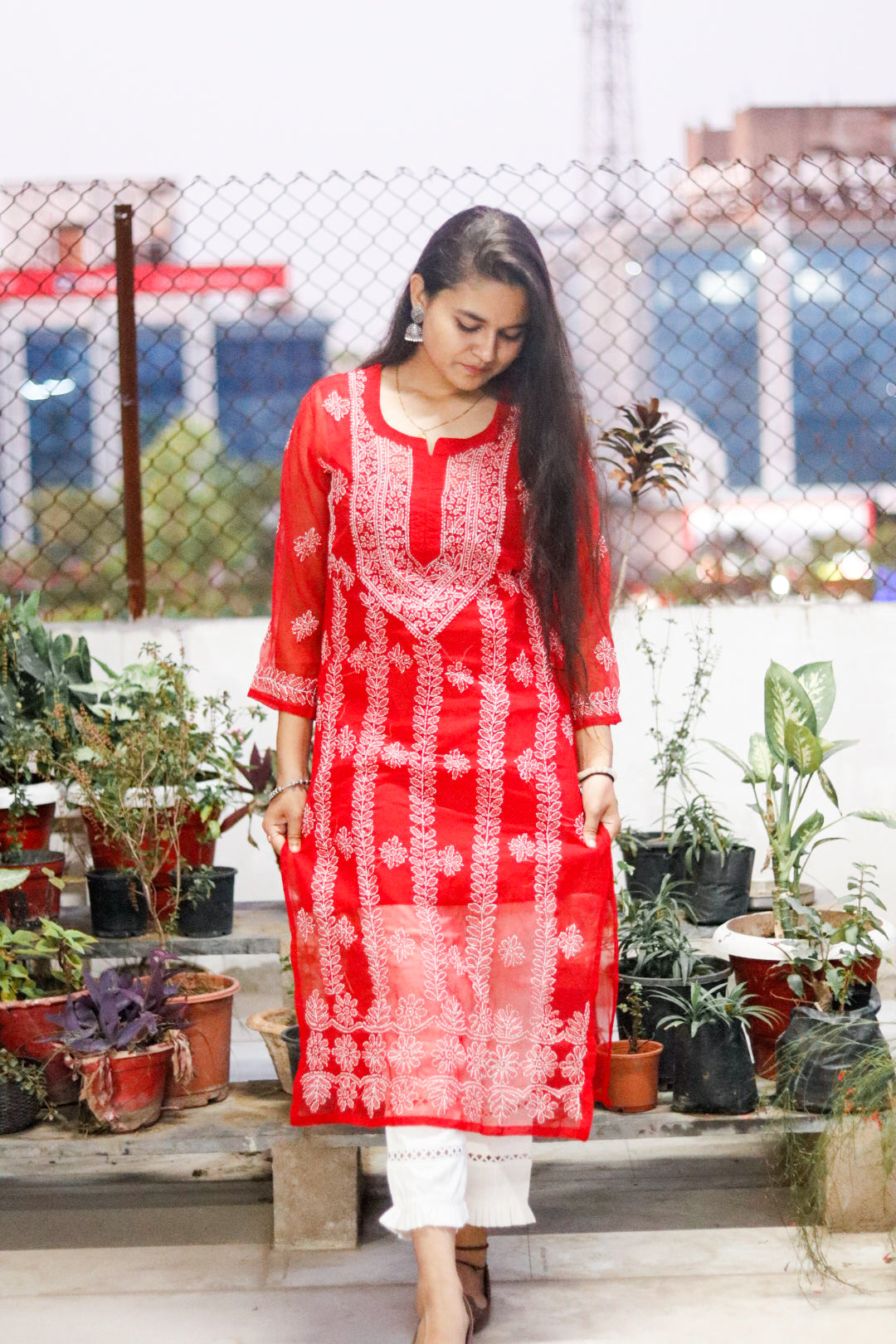 Red Georgette Chikan Kari Kurti with Inner for Women