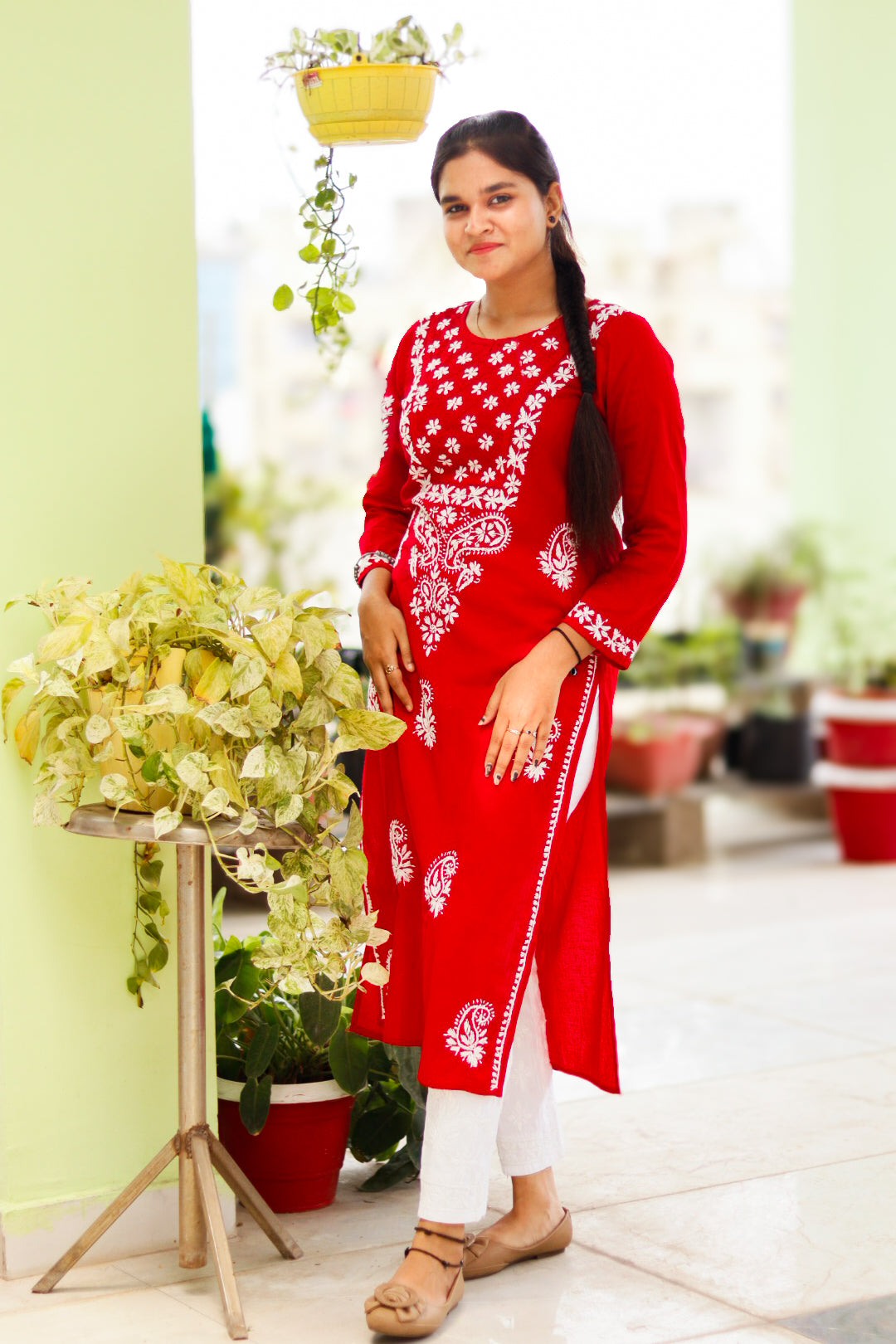 Red Pure Cotton Chikankari Hand Embroidered Kurta For Women