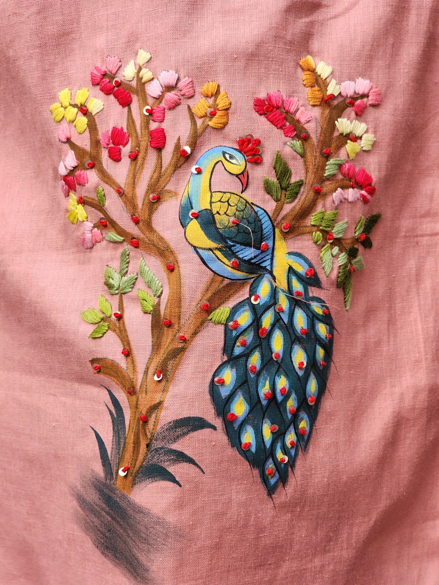 Organic Cotton Peach Hand-Painted Embroidery Kurti for Women