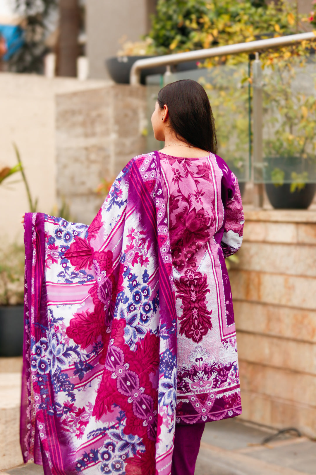 Purple Petals Digital printed cotton kurta pant dupatta set