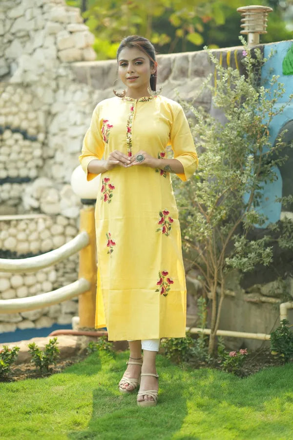 Yellow Organic Cotton Hand Embroidered Kurta