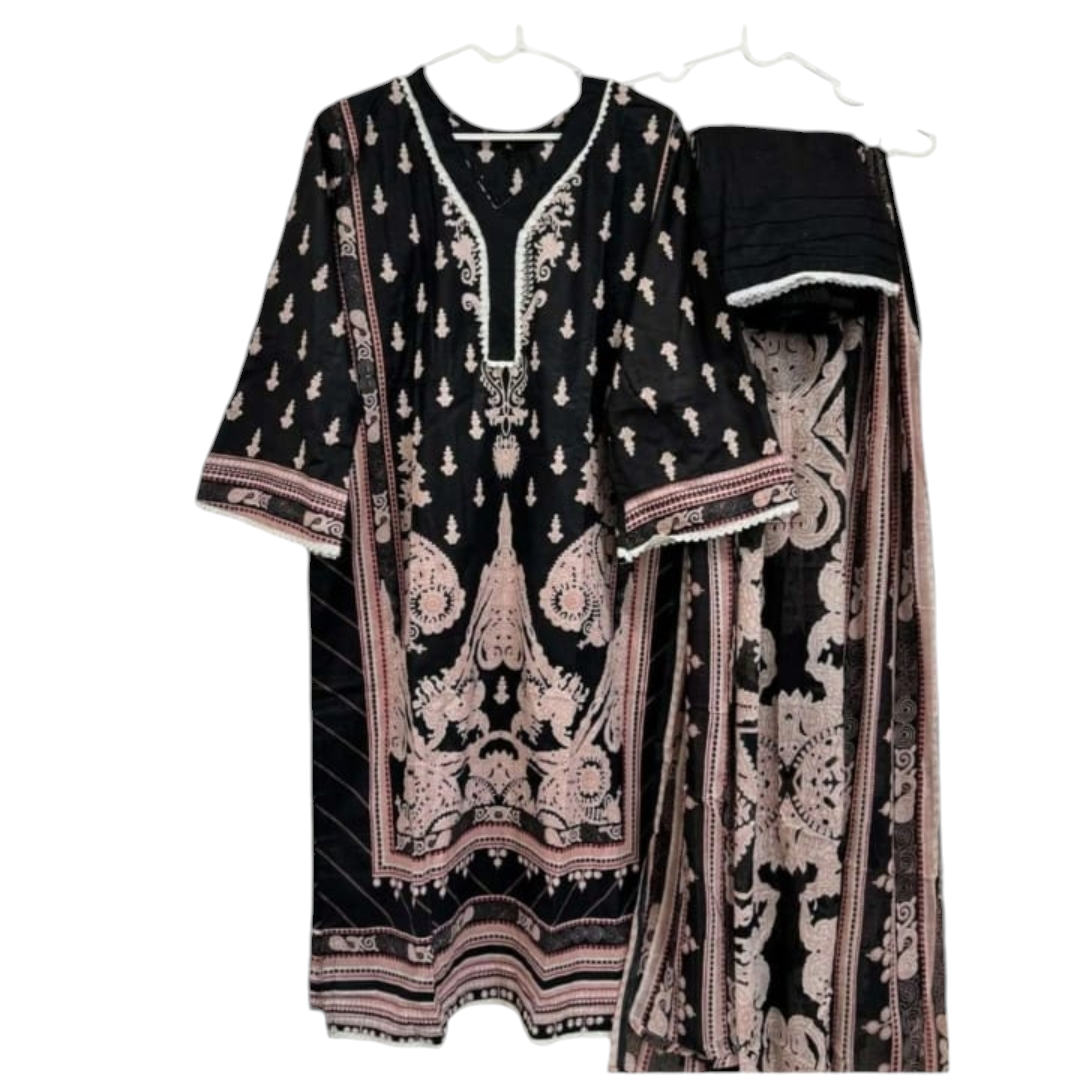 Zoya Noir Black Digital printed cotton kurta pant dupatta set