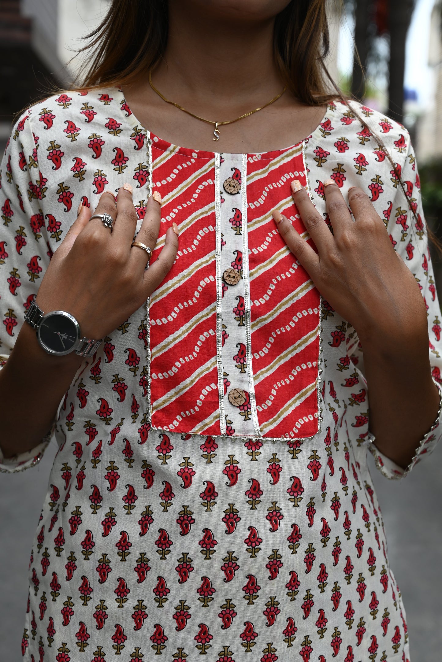 Red chunri design cotton kurti pant set