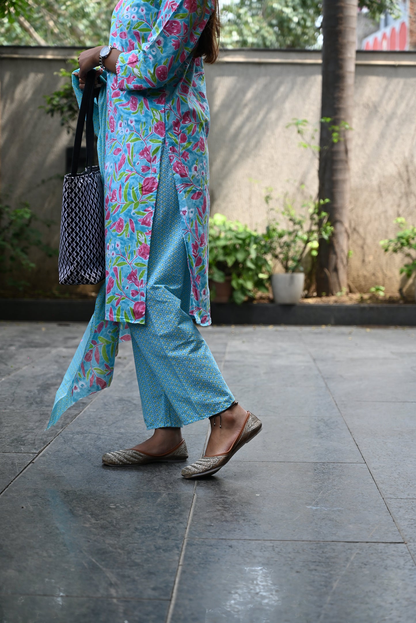 Blue and pink cotton kurti pant dupatta set