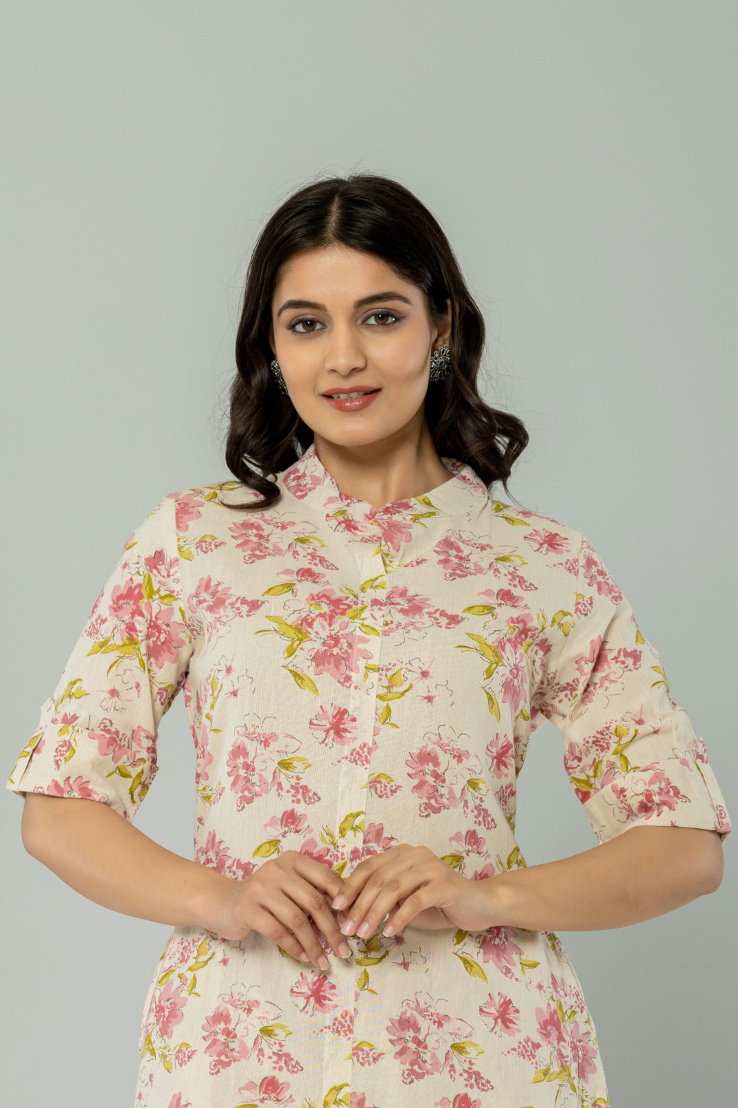 Cream Floral Khadi Cotton Flex Kurti Pant Dupatta Set For Women