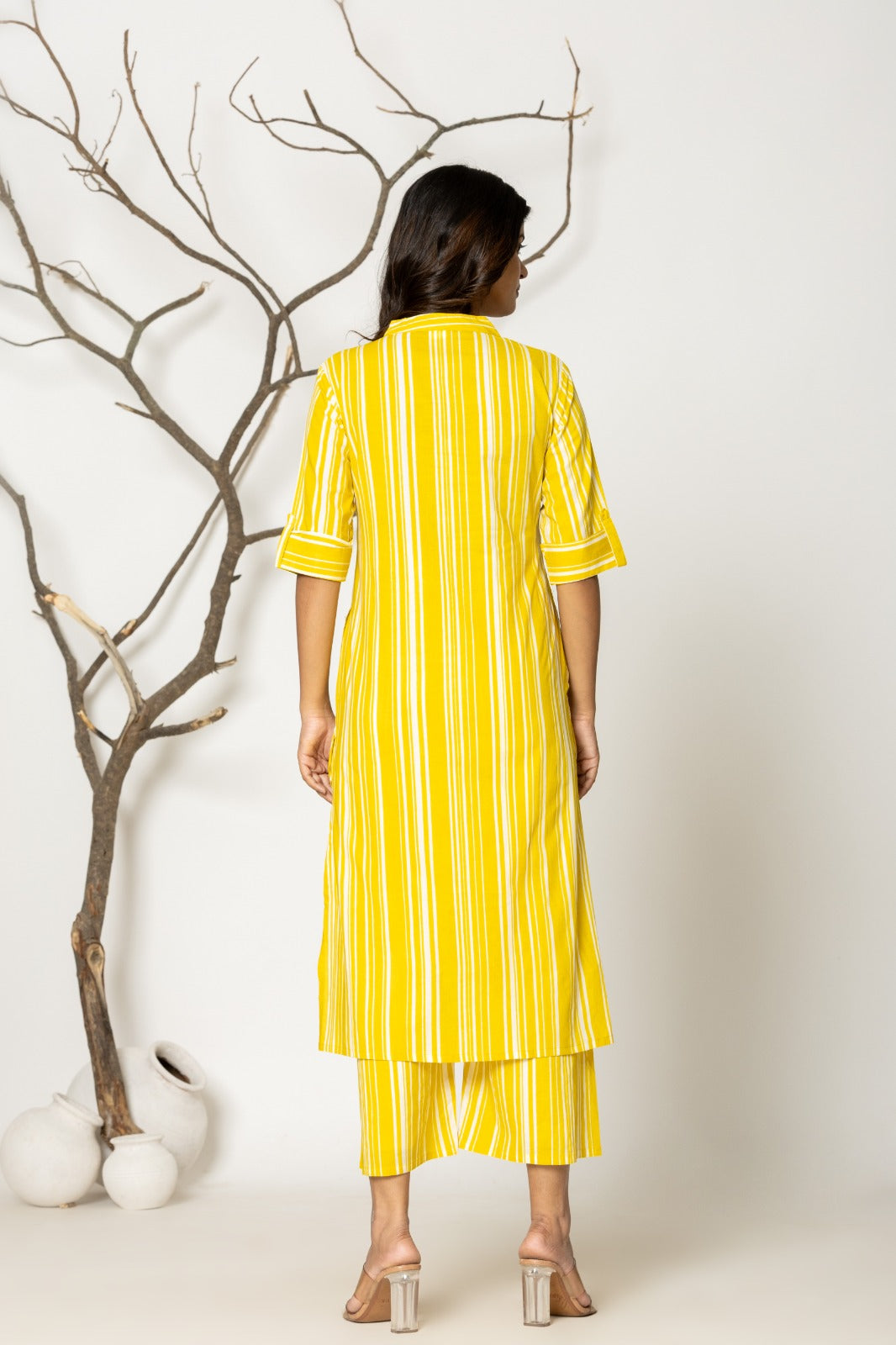 Yellow Formal Striped Cotton Kurta Set for Women