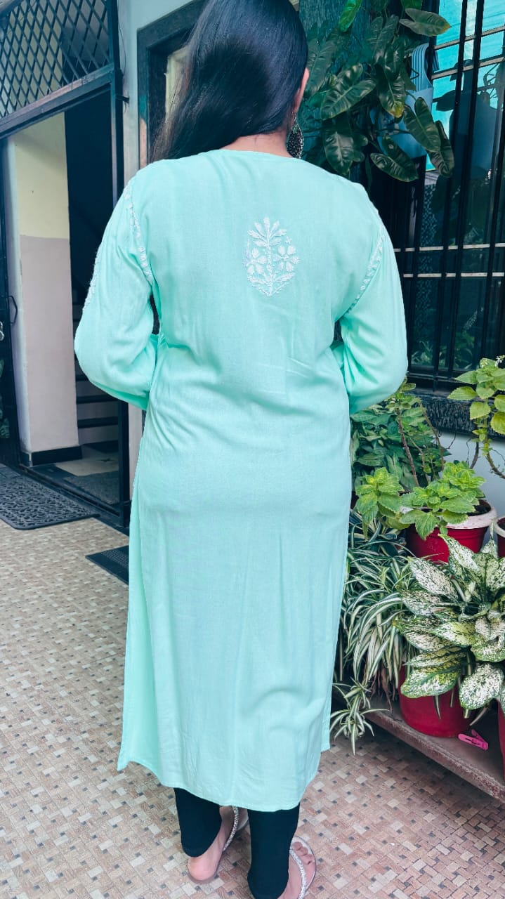 Noor-e- Pista Green rayon Chikan kari kurti, embroidery.