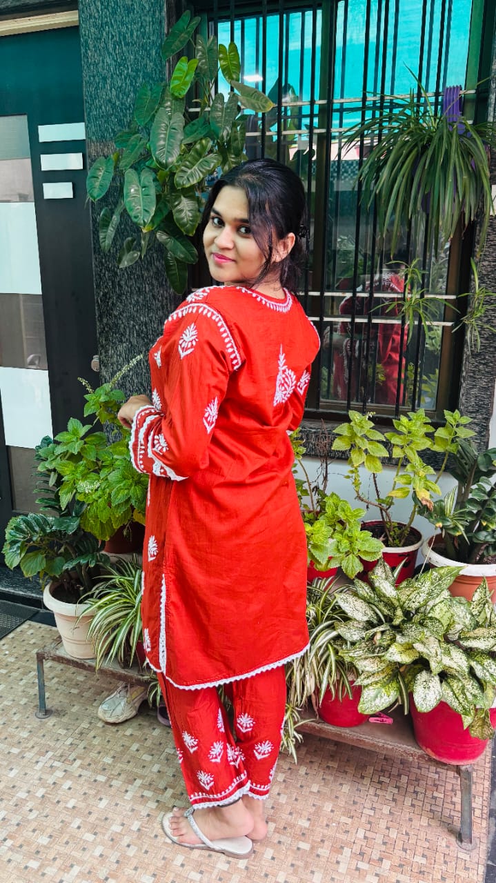 Surkh Ziya Burnt Orange Chikankari Co-ord set