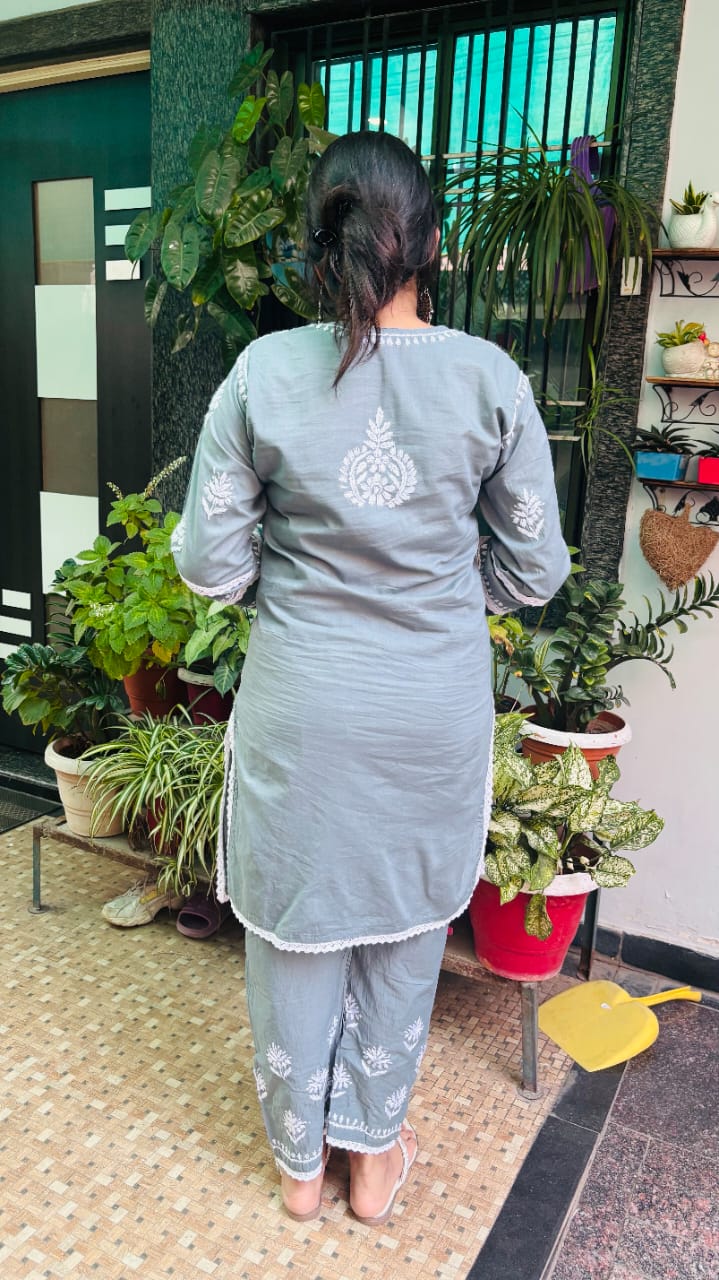 Ash Grey Chikankari Co-ord Set