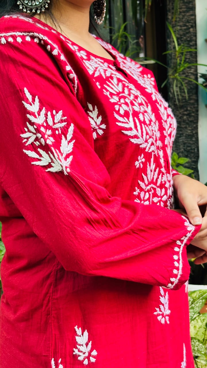Ruby Deep maroon with White Chikankari Embroidery kurti pant