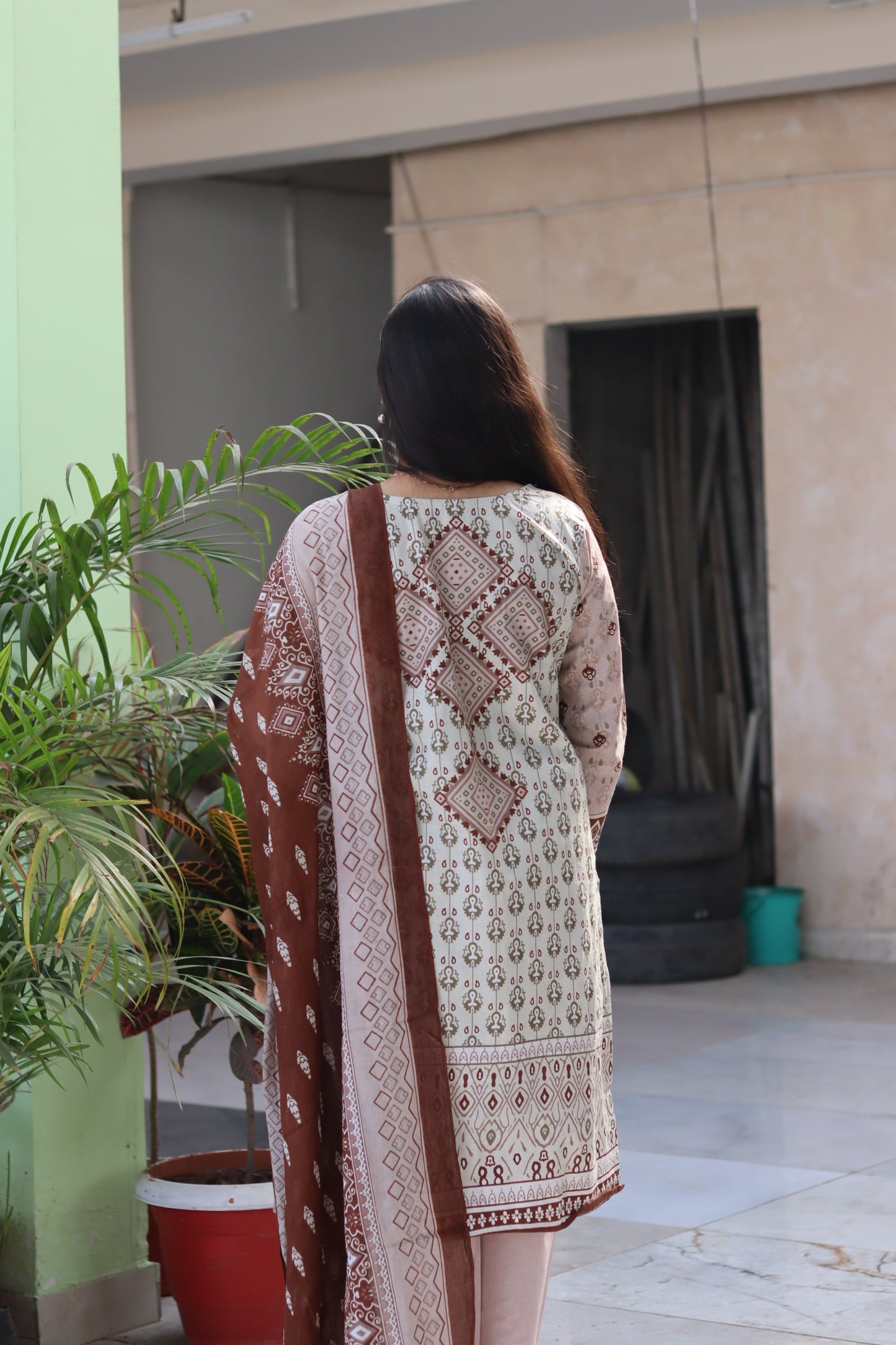 Coffee Digital Printed Cotton Kurti Pant Dupatta Set.