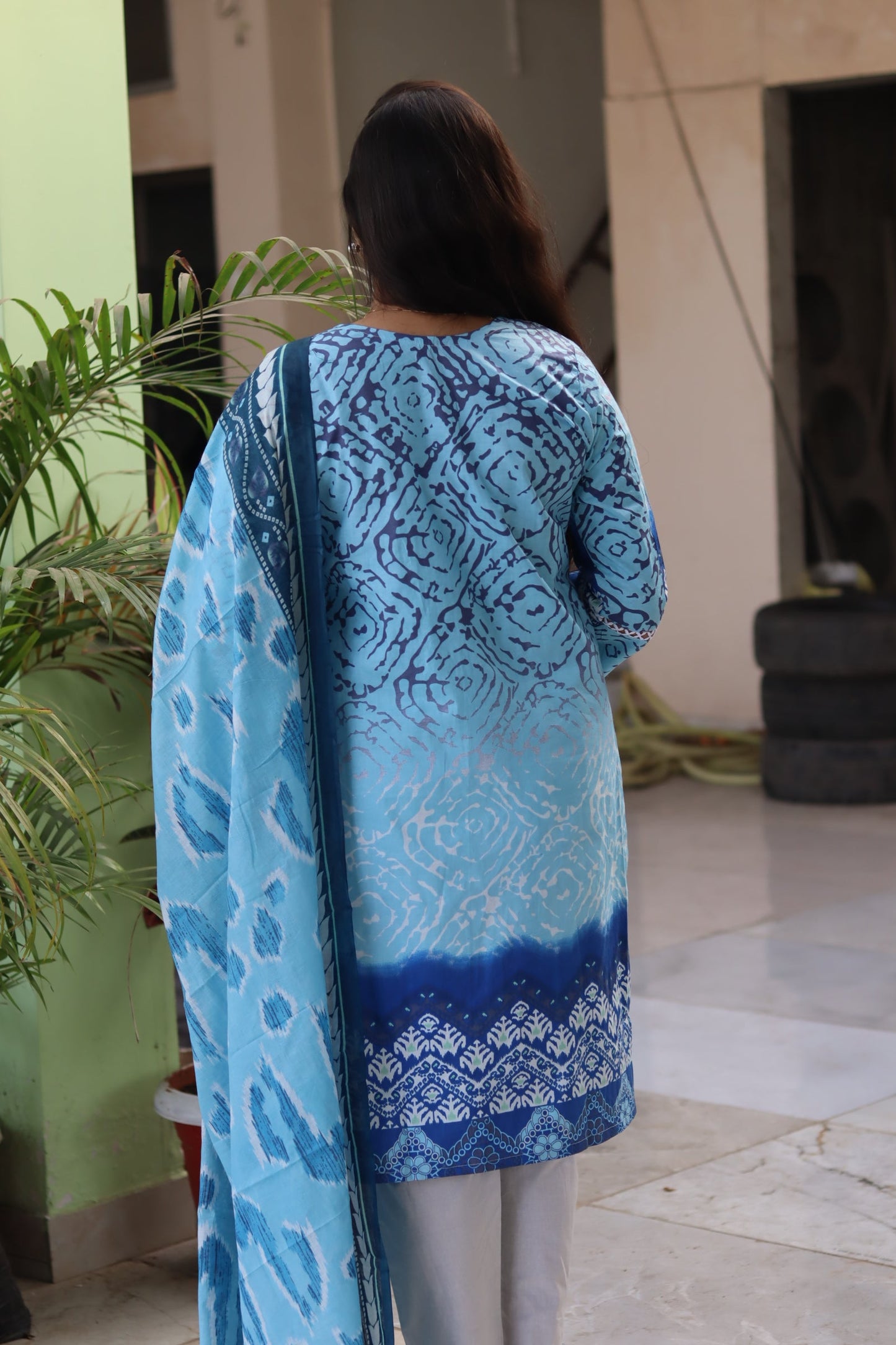 Sky blue Digital printed cotton kurti pant dupatta set