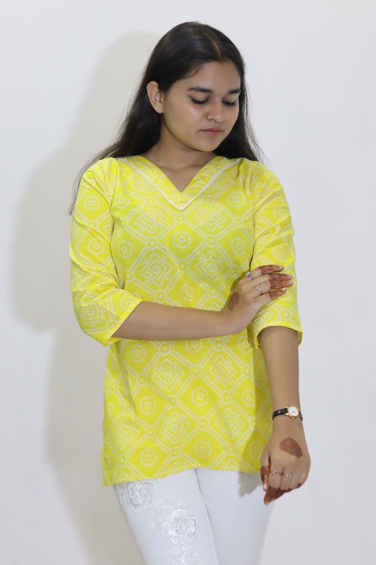 Yellow bandhani cotton jaipuri top for women