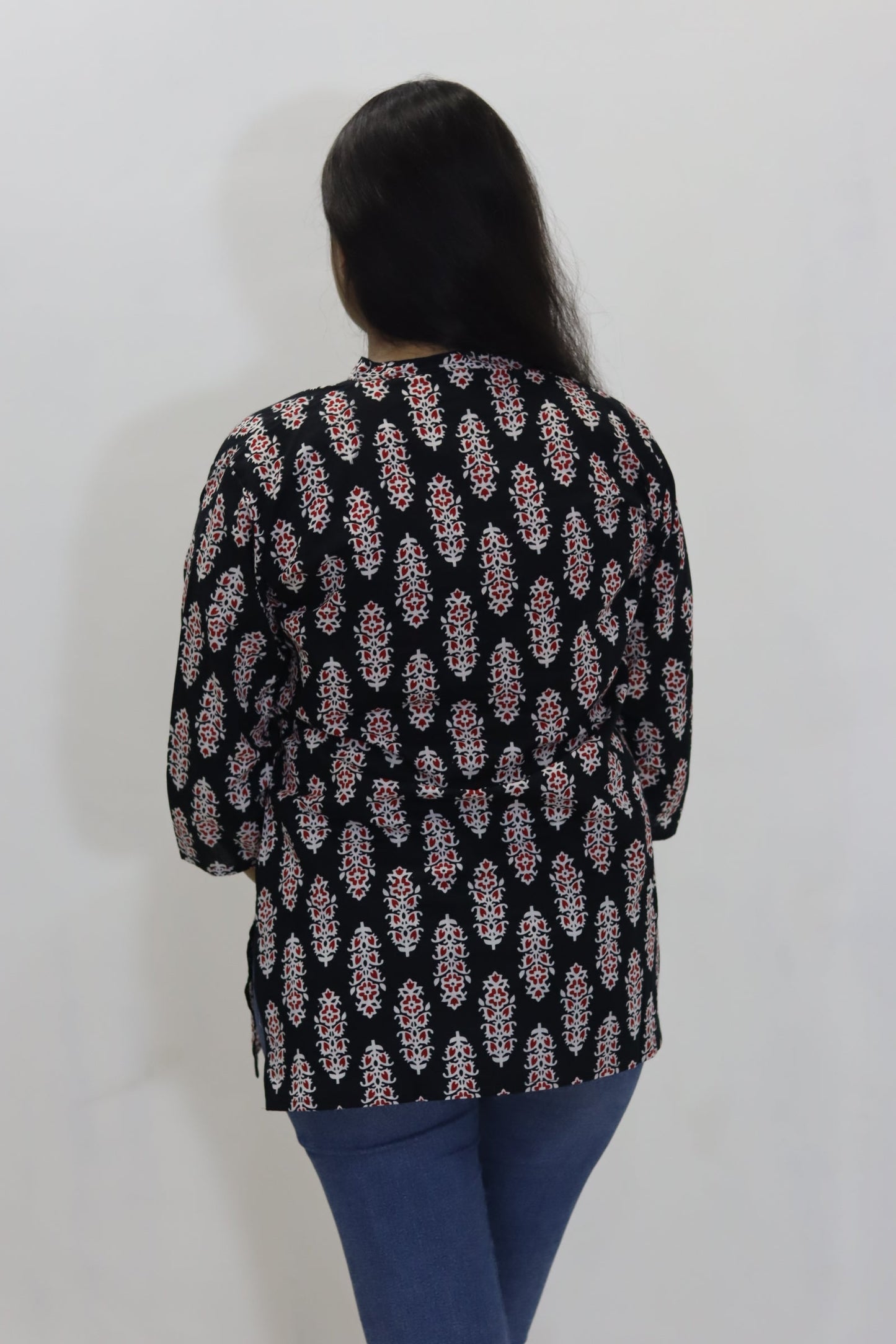 Black batik print pure cotton jaipuri top for women