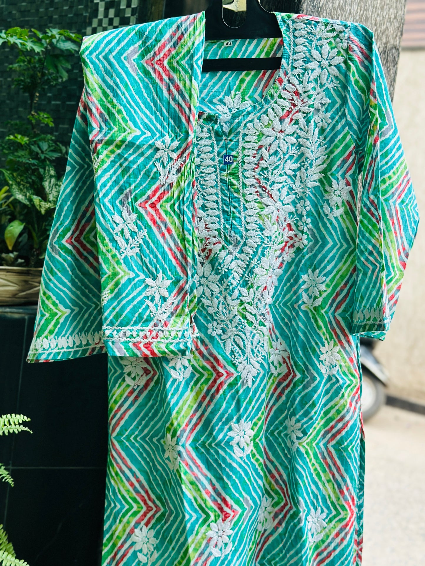 aqua green Mal lmal cotton kurti and pant set