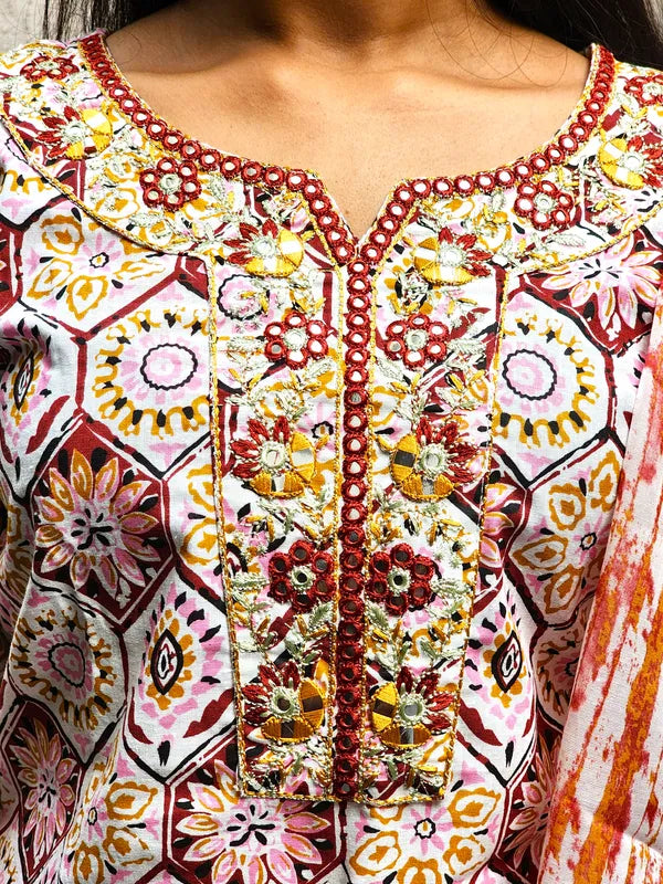 Orange Jaipuri Kurti Pant Dupatta Set