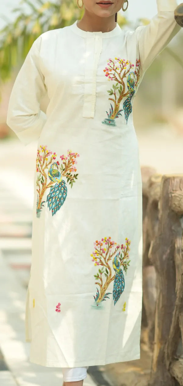 Organic Cotton Cream Hand-Painted Embroidery Kurti for Women
