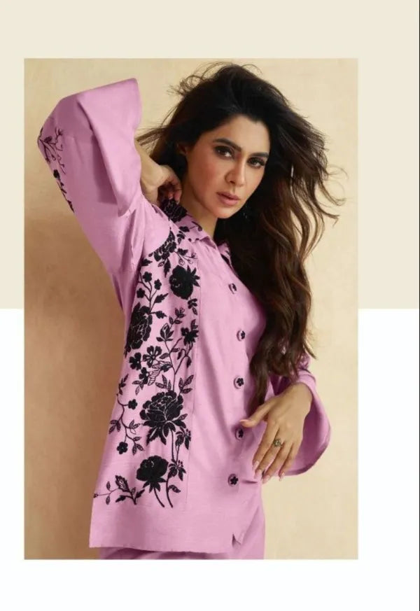 Pink black embroadried stylish cord set for women