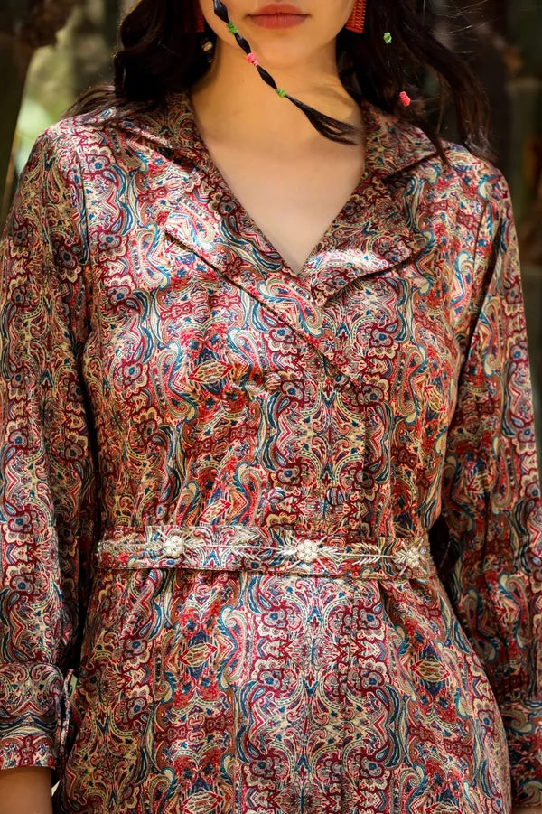 Red Multicolour Pure Cotton Musline Hand Embroidered Co-Ord Set For Women