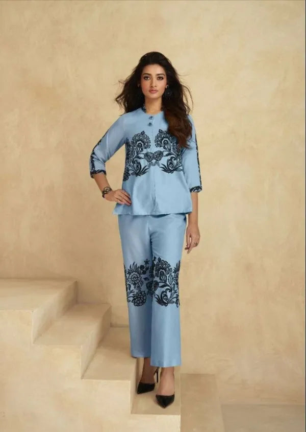 Sky blue black embroadried stylish cord set