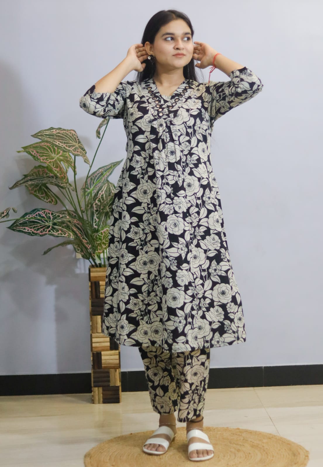 Black Floral Cotton Kurti Pant , Cord Set