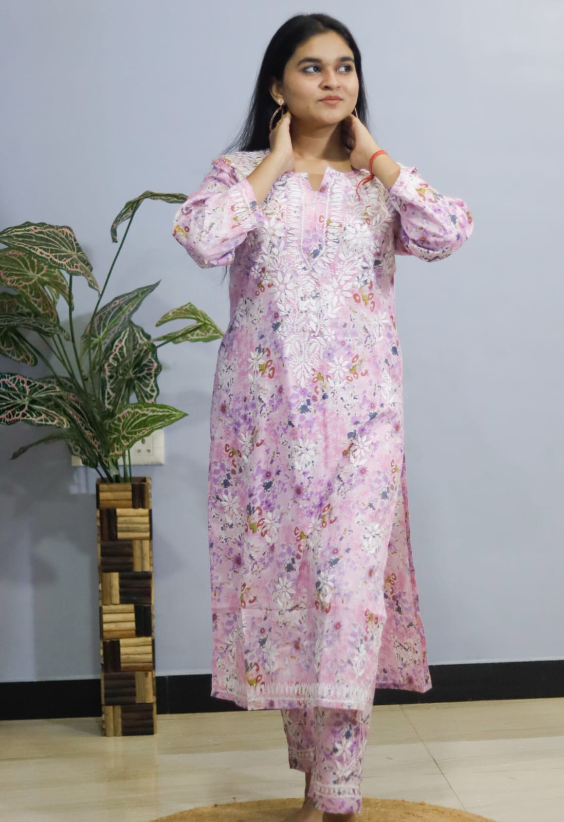 pastel pink Mal Mal Cotton kurti-pant set Chikankari floral print.
