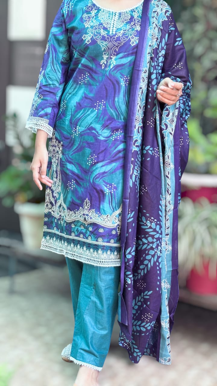 Peacock Grace Digital Printed Cotton Kurti Pant Dupatta Set