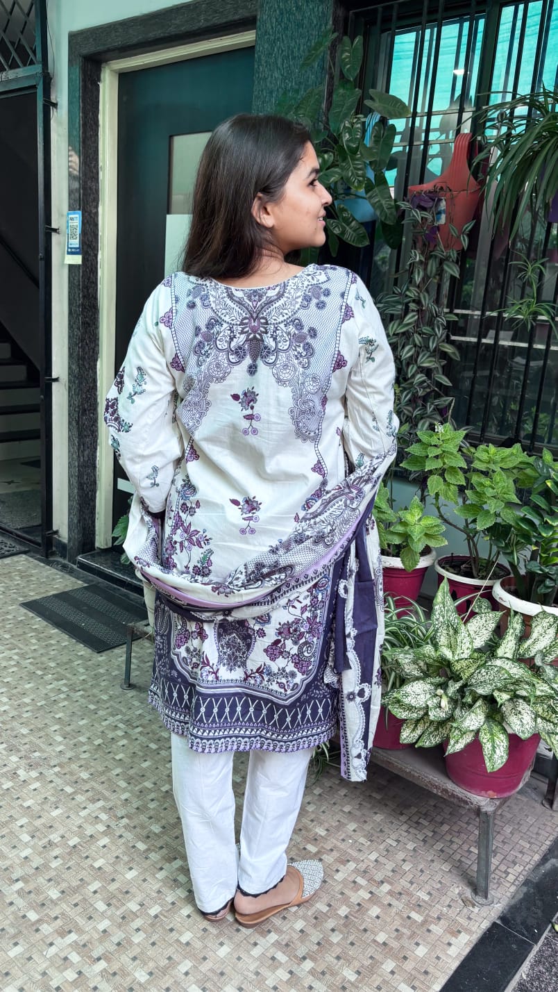 Soft Off-White Base & Deep Purple Floral Digital printed cotton kurti pant dupatta set