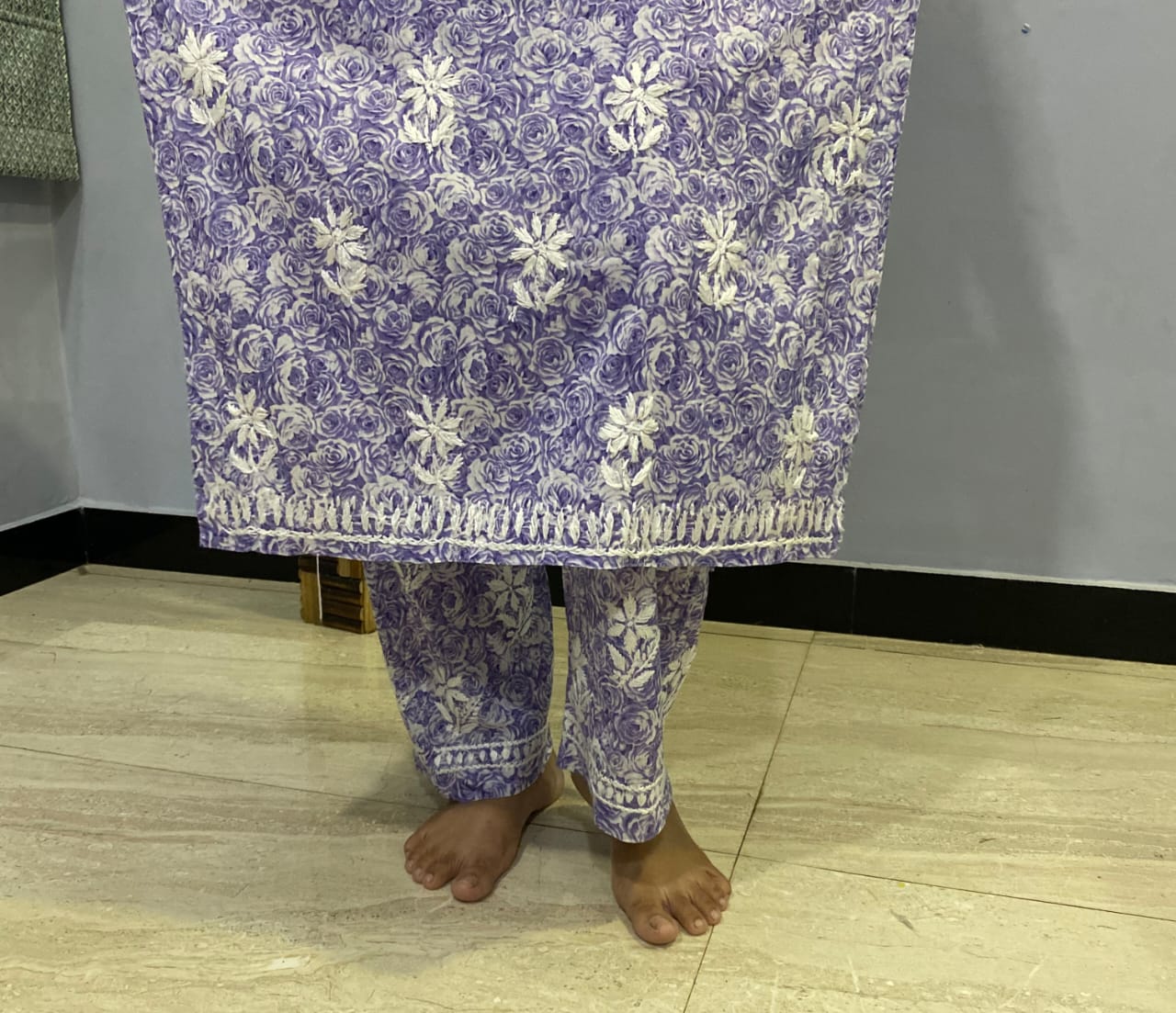 Blue Floral Print Mal Mal Cotton Chikankari Kurti With Pant For Women