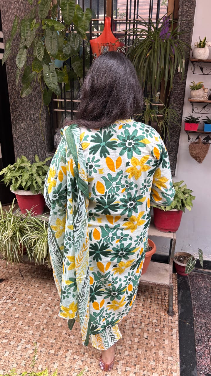 Yellow Floral Print cotton duptta set