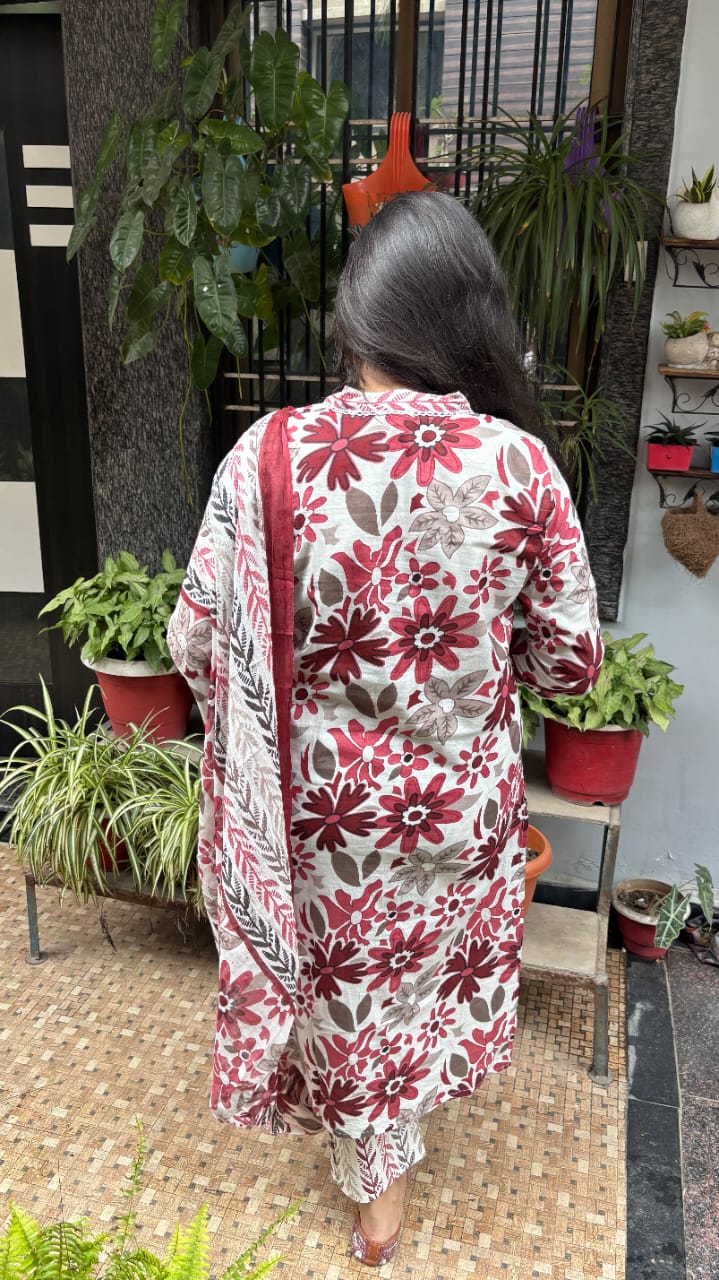 Maroon white Floral print jaipuri dupatta set