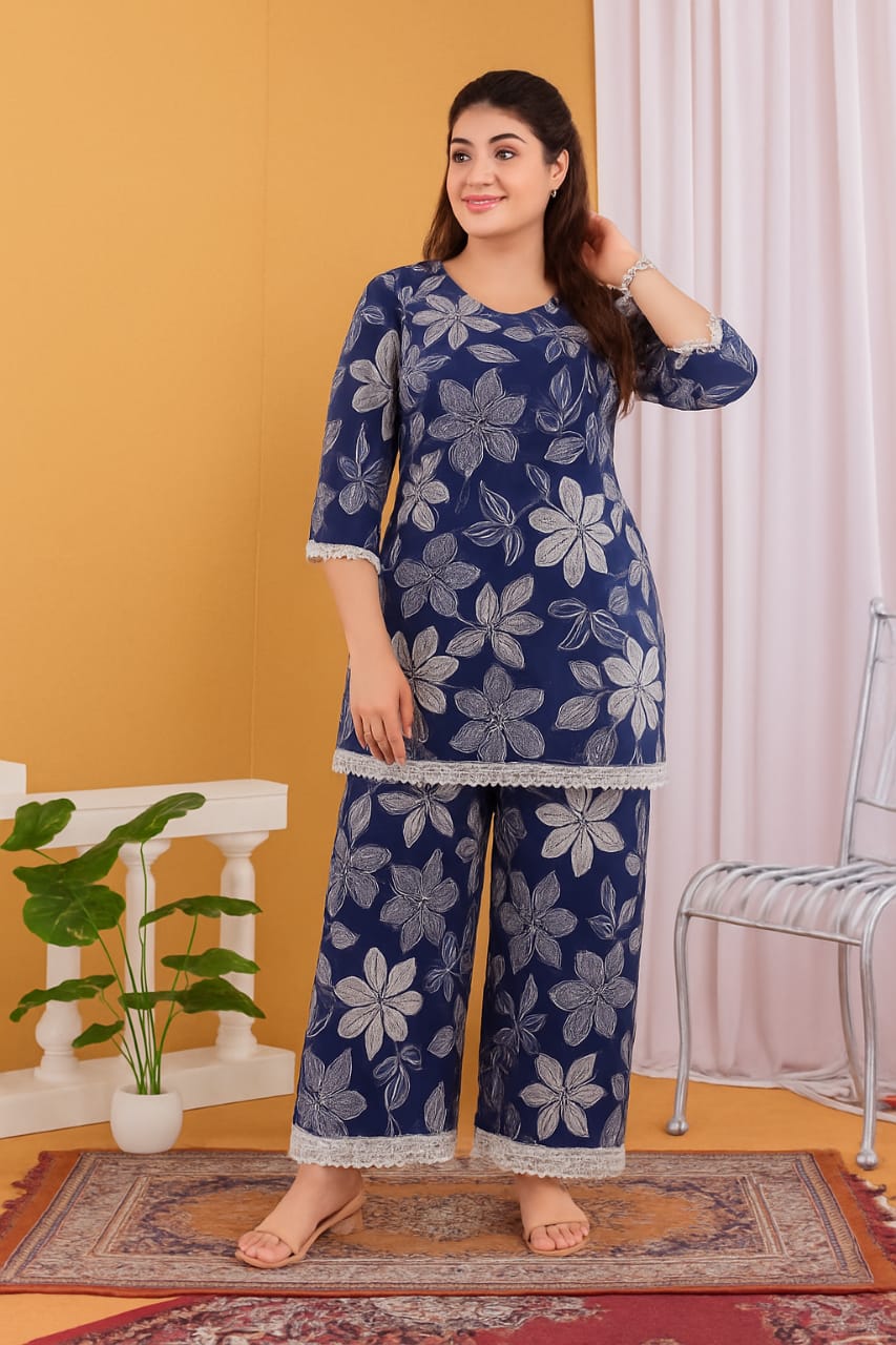 Navy Blue Floral Cotton Co-ord Set