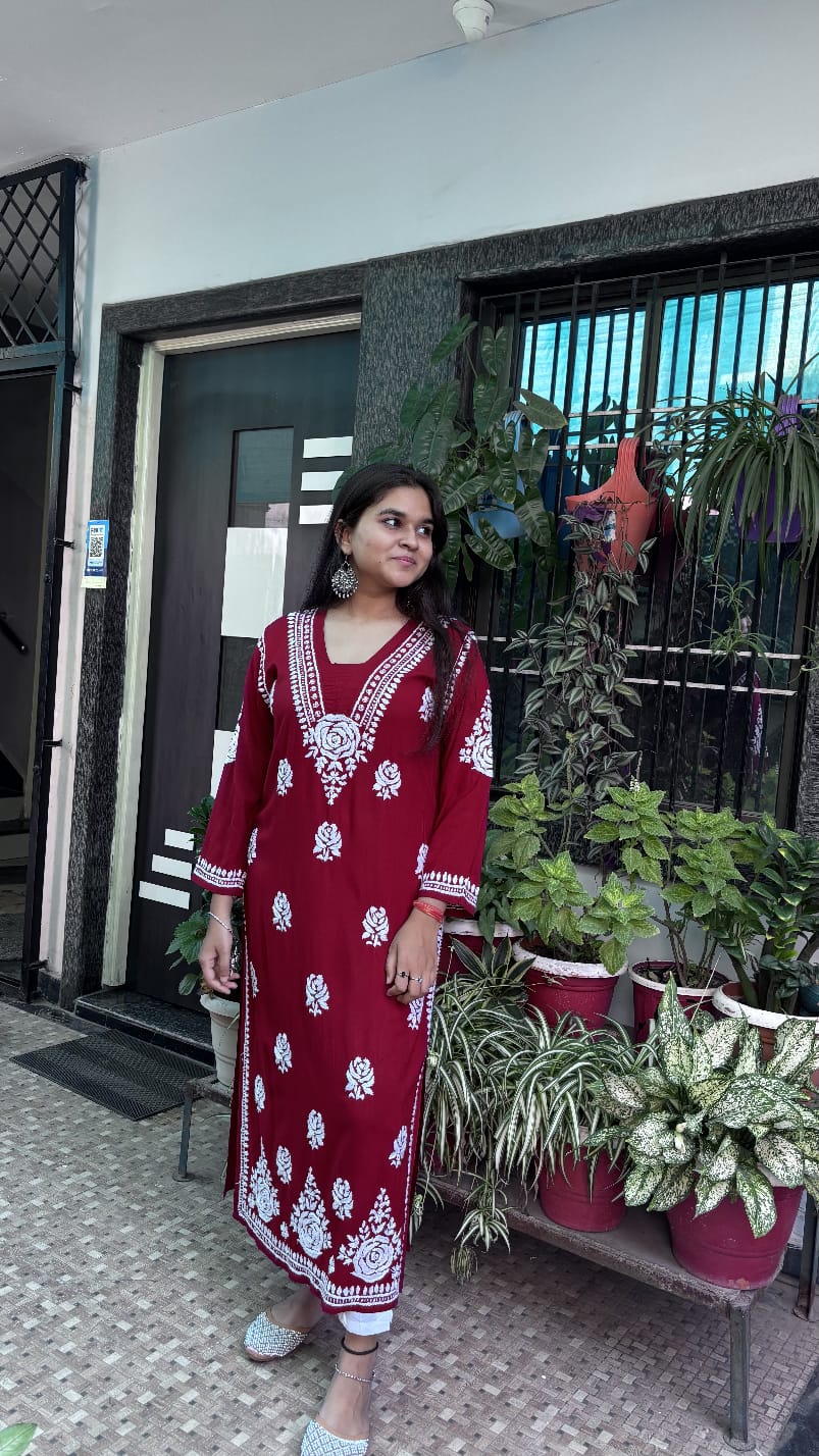 Maroon Rose desine Embroidered Chikankari Kurti.