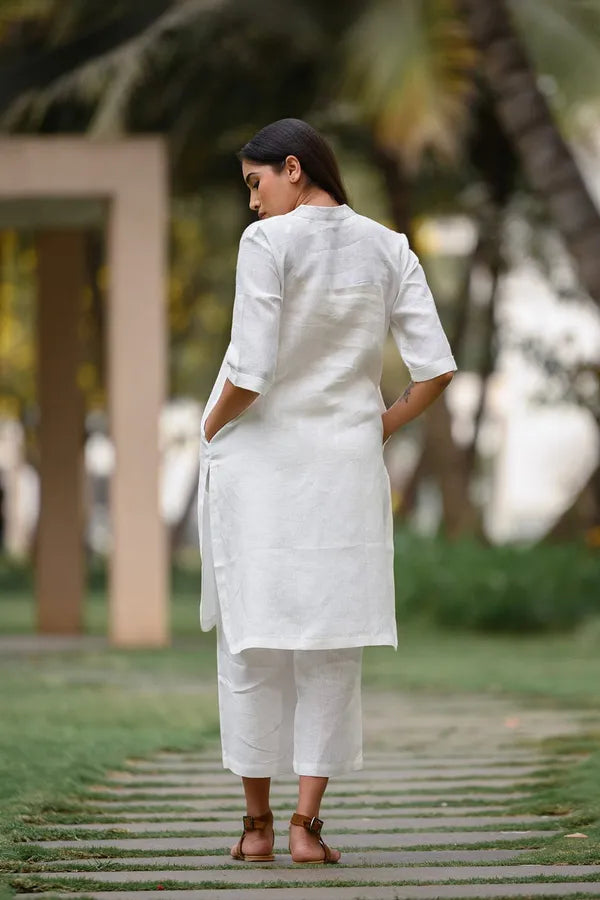 White khadi cotton kurti pant cord set for working women