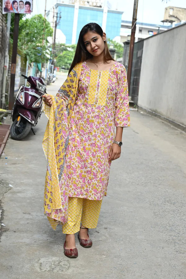 Yellow pink kurti pant dupatta set