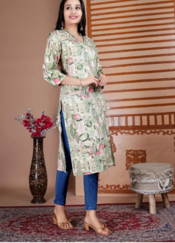 Green Angrakha Style Cotton Regular Kurti For Women