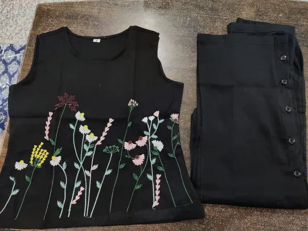 Black Cotton Embroidered Top And Pant For Women