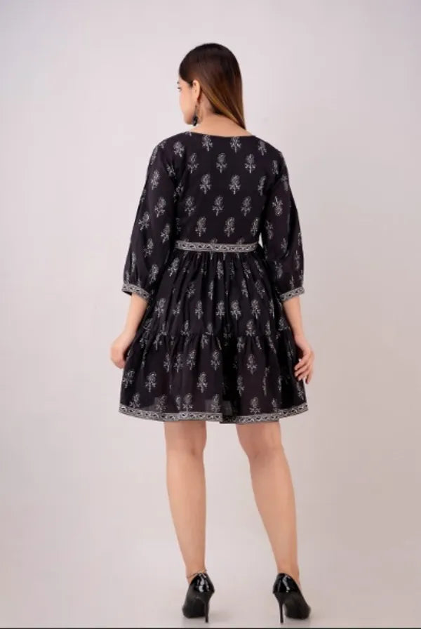 Black Block Print Pure Cotton Jaipuri Style Flare Tunic For Women
