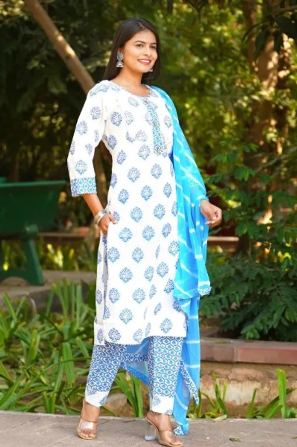 Blue And White Jaipuri Pure Cotton Kurti Pant Dupatta Set
