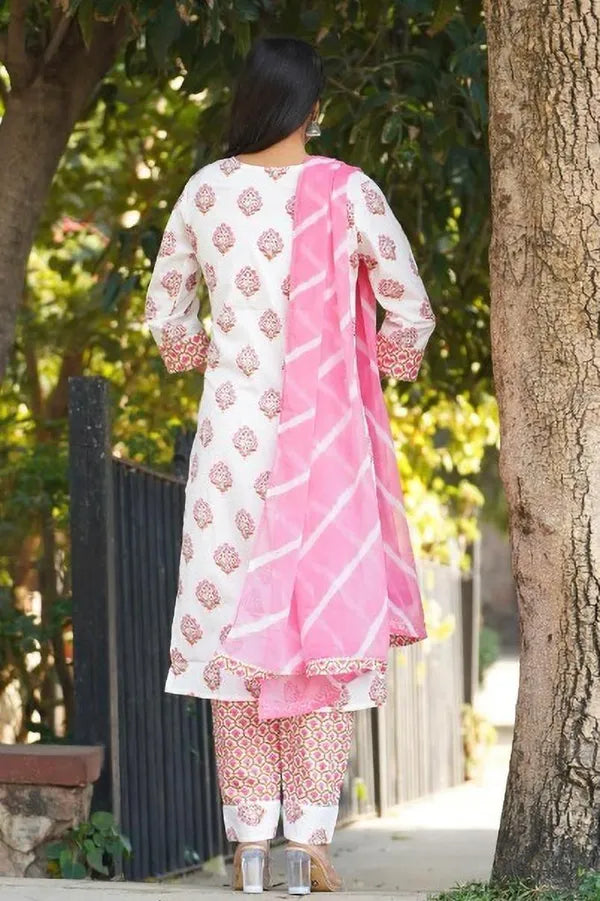 White & Pink Women Printed A-Line Kurta pant dupatta