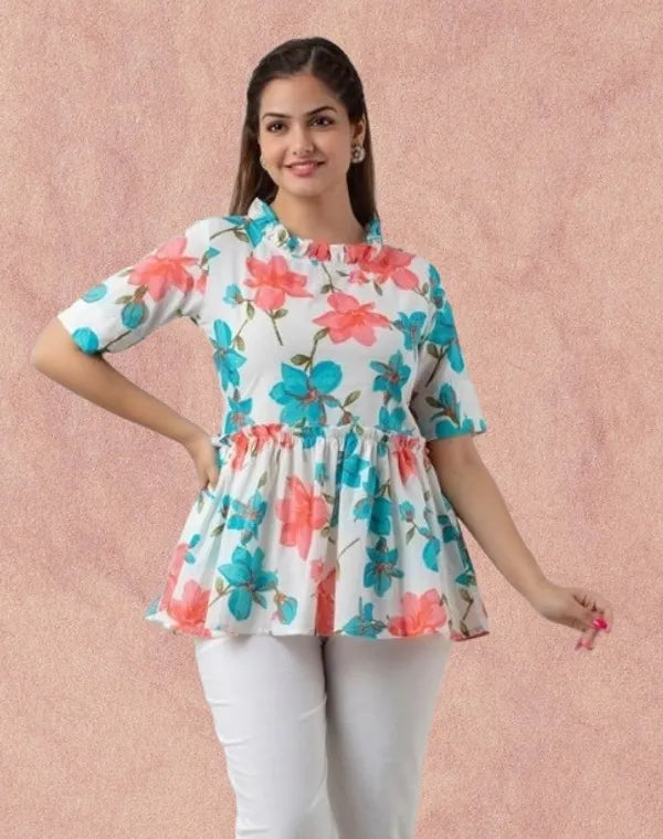 White Floral Print Cotton Top For Women