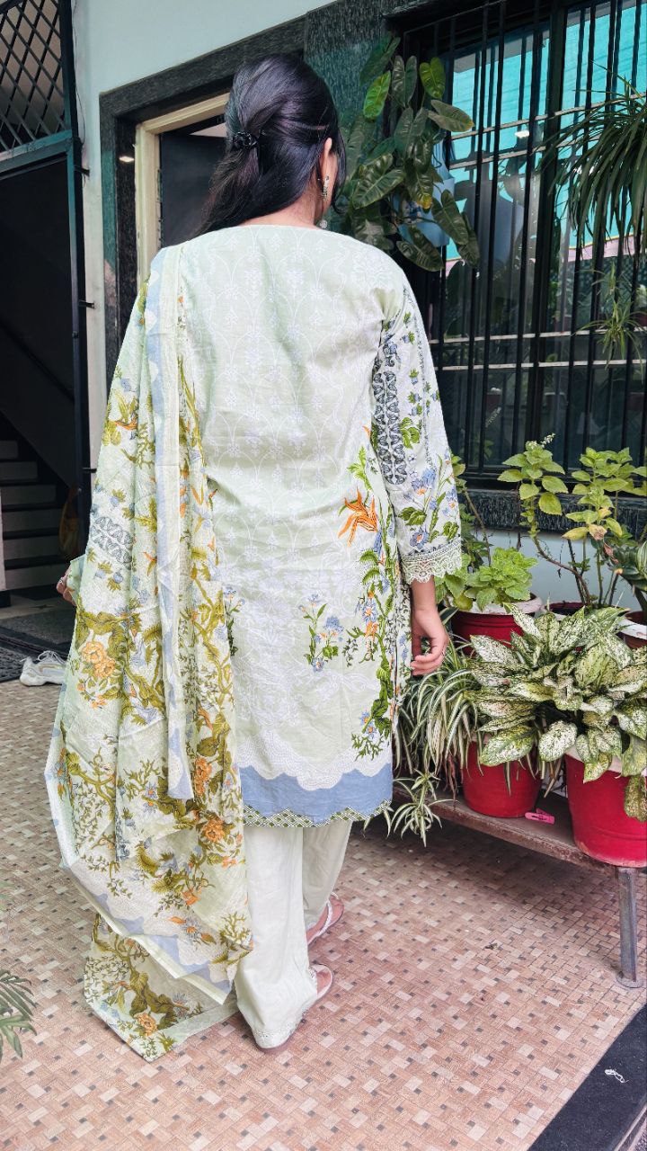 Pista Green Digital Print Cotton Kurti Pant Dupatta Set