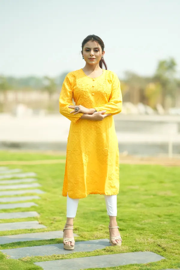 Yellow Pure Cotton Chikankari Embroidered Kurta For Women