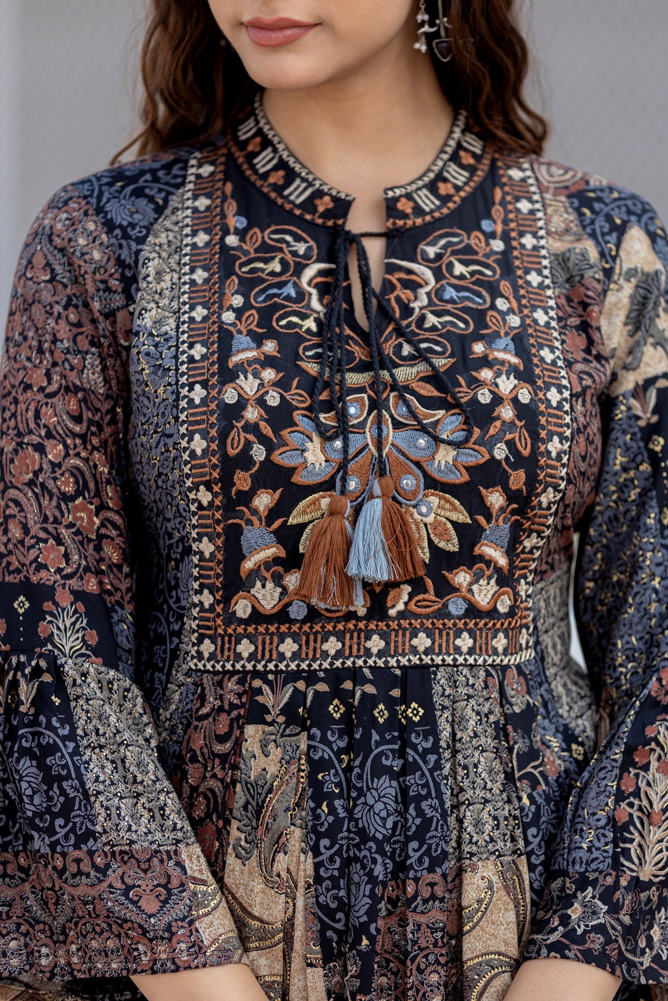 Black Pure  Cotton Printed Embroidered Tunic