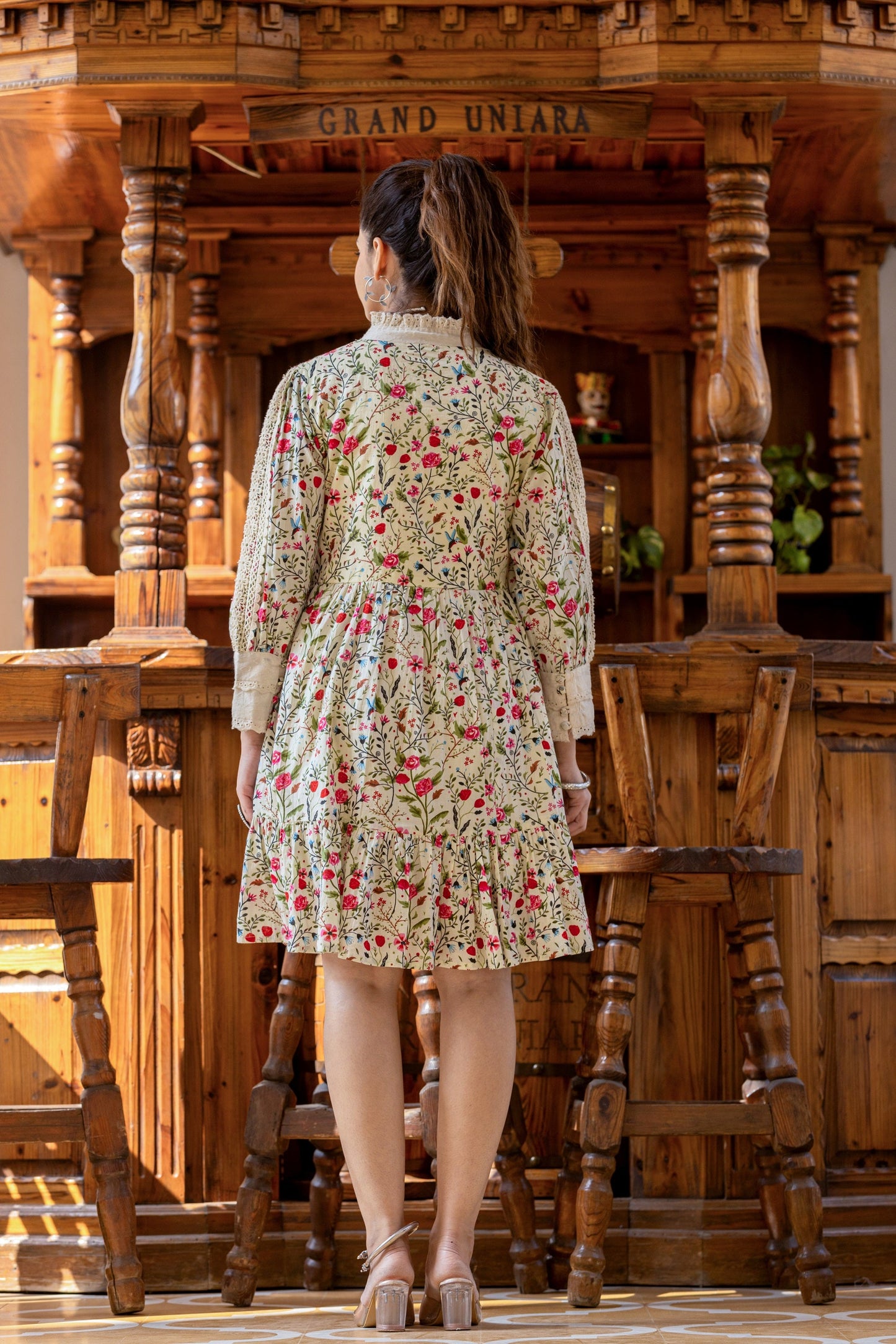 Cream Floral Printed Mal Mal Cotton Embroidered Tunic