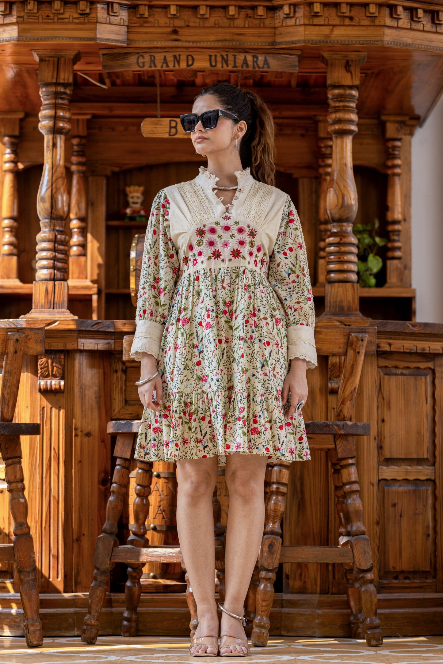 Cream Floral Printed Mal Mal Cotton Embroidered Tunic