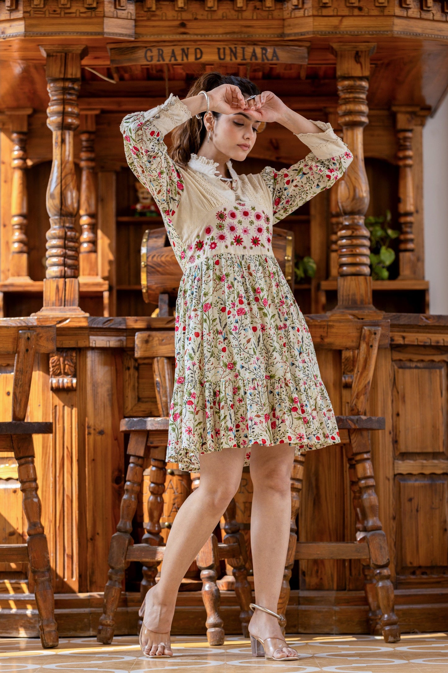 Cream Floral Printed Mal Mal Cotton Embroidered Tunic