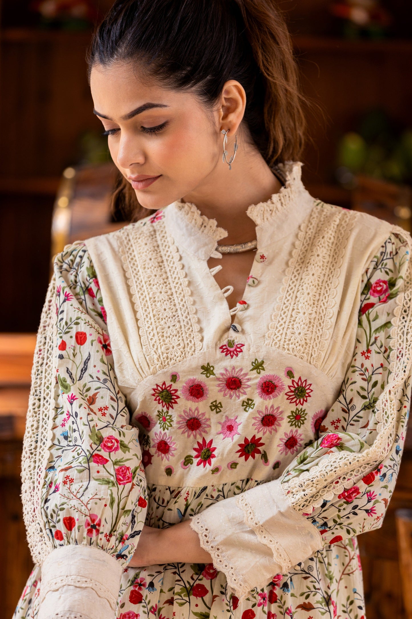 Cream Floral Printed Mal Mal Cotton Embroidered Tunic