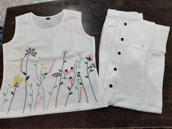 White Cotton Embroidered Top And Pant For Women